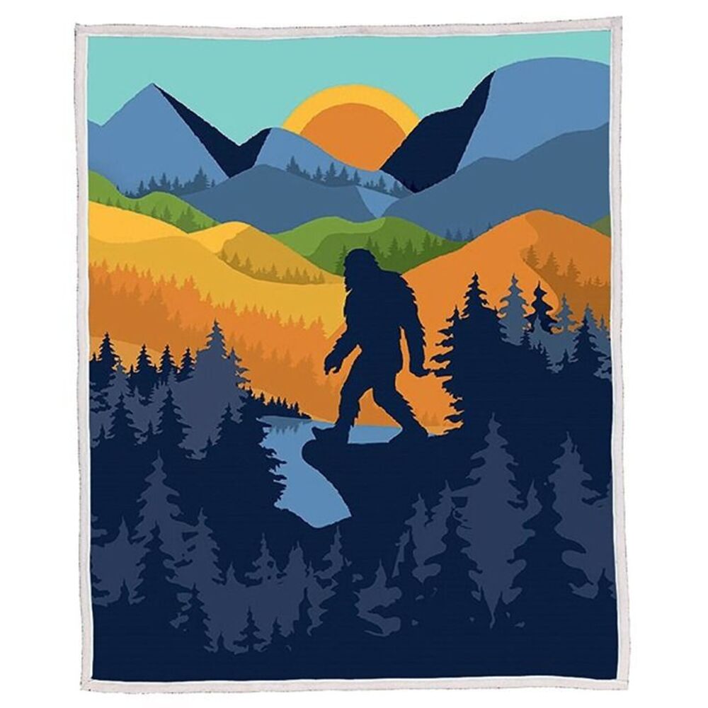 Bigfoot Scene Sherpa Blanket 50"x60" camping throw couch kids adults cuddle
